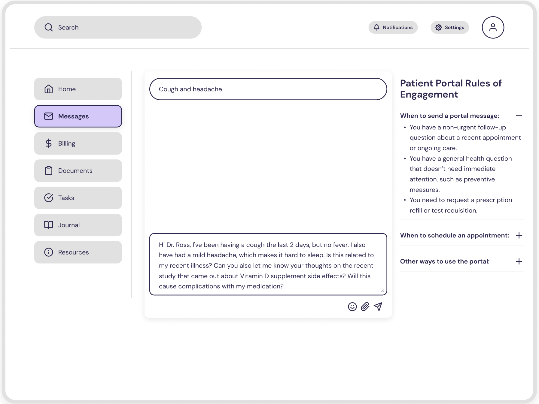 images of patient portal messaging screen
